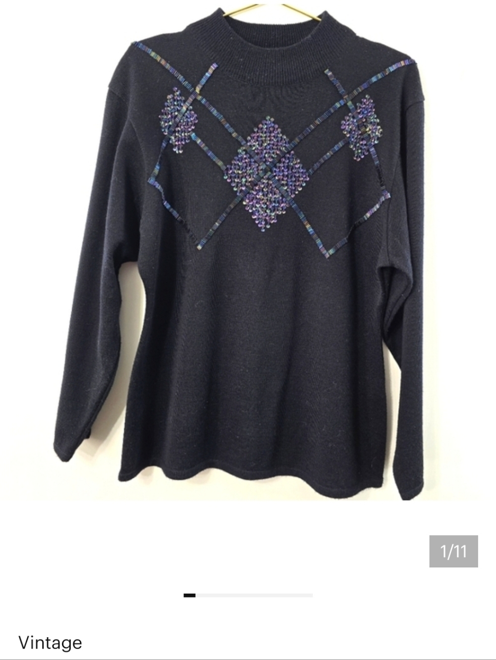 Cedars Vintage Argyle Sweater Sequin Seed Bead Harlequin Oil Spill Hologram Sz L